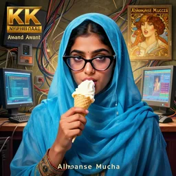 hyperrealist portrait of a young hyderabadi muslim american woman wearing a cyan blue niqab and cateye glasses eating ice cream, it is decorated with long wires and computer monitors are all over. by jeremy mann and alphonse mucha, fantasy art, photo realistic, dynamic lighting, artstation, poster, volumetric lighting, very detailed faces, 8 k, award winning