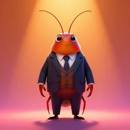 colorful full body shot of an anthropomorphic cockroach wearing a suit, with long thin antennae, trending on artstation, trending on deviantart ,cinematic backlighting, 8k, symmetrical, correct proportions, hyper detail illustration by peter chan, vibrant colors, by pixar, orange lights, pink shadows