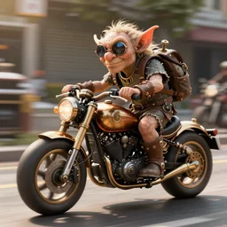 a goblin riding a steampunk motorcycle, sunlight, in daytime, hyperdetailed, artstation, cgsociety, 8k