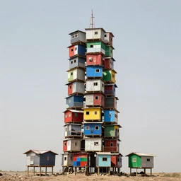 a tower made up of colourful makeshift squatter shacks, suspended structures on the ground, mamiya, 8 5 mm, f 1. 7, uniform plain sky, fine details, photographed by julie blackmon and tim walker