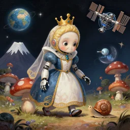 On the morning of the robot queen's coronation, The Mekanik Doll, an elderly mushroom walking their pet snail, Mount Fuji seen from the International Space Station, the theme of Alice in Wonderland, digital painting, its softness partakes of fluidity, illustration, deep dark, artstation, intricate, beautiful and thematically complex, ue5, by deiv calviz and bossmonsterbani