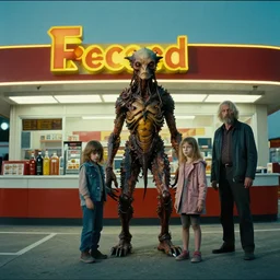 the strange creature at the fast food place, made of oil they scare my family, film still from the movie directed by denis villeneuve and david cronenberg with art direction by salvador dali and zdzisław beksinski, wide lens