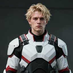 portrait of a man by ayami kojima, he is about 2 0 years old, nordic features, messy blonde hair, tall and stocky, sad look, wearing a futuristic tactical gear colored in white and red, sharp focus, cinematic lighting, artstation hq.