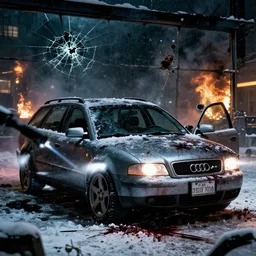 Audi A4 B6 Avant (2002), a gritty neo-noir, dramatic lighting, cinematic, eerie person, death, homicide, homicide in the snow, viscera splattered, gunshots, bullet holes, establishing shot, extremely high detail, cracked windows, photorealistic, arson, cinematic lighting, artstation, by simon stalenhag, Max Payne (PC) (2001) winter New York at night, In the style of Max Payne 1 graphic novel, flashing lights, Poets of the Fall - Late Goodbye