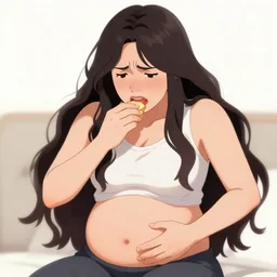 a woman with a bloated stomach from eating twice her bodyweight, distressed expression, long hair, artstation, pixiv, deviantart