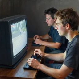 Portrait of men playing video games on CRT television using Atari joysticks. Painting by Robert Edward Hughes. Intricate details. hyper realism. Masterpiece.