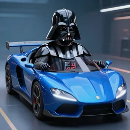 darth vader in a blue high - tech car