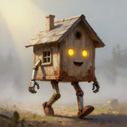 a walking cute wood house with two mechanical legs and two glowing eyes and a mouth, rust, hyperrealistic, pareidolia, highly detailed, cinematic, single ray of sun, fog, beautiful, cgssociety, artstation, 8 k, oil painting