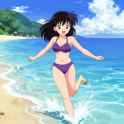 girl in swimsuit at the beaching running into water, sprite, vaporwave nostalgia, directed by beat takeshi, visual novel cg, 8 0 s anime vibe, kimagure orange road, maison ikkoku, trending on artstation, ultra hd wallpaper