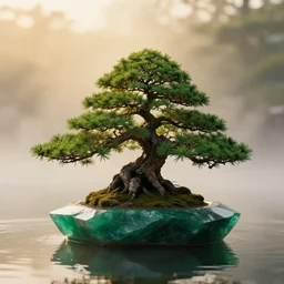 photo bonsai cedar on a small angular emerald gemstone in the water, gold hour, soft lighting, nature lighting, light fog, medium full shot, volumetric lighting, beautiful, ultra detailed, cgsociety by leesha hannigan, thierry doizon, 3 5 mm, fujifilm, cinematic, realistic