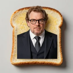 portrait of a piece of toast dressed as a wealthy banker, whimsical realism