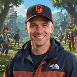 highly detailed portrait of man with a shaved head who has blue eyes and is wearing a northface windbreaker and a san fransisco giants baseball hat, happy ambience, stephen bliss, unreal engine, fantasy art by greg rutkowski, loish, rhads, ferdinand knab, makoto shinkai and lois van baarle, ilya kuvshinov, rossdraws, tom bagshaw, global illumination, detailed and intricate environment