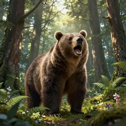 a roaring bear, beautiful, realistic, atmosphere, vibe, forest, lot of trees, fern, flowers, concept art illustration, color page, tone mapping, akihiko yoshida, james jean, andrei riabovitchev, marc simonetti, digital illustration, greg rutowski, volumetric lighting, sunbeams, particles