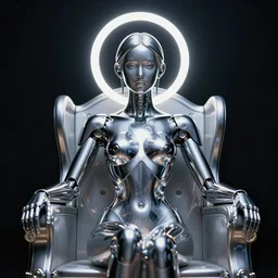 Portrait of a Biomech goddess on her throne., chrome, bright halo, dark night