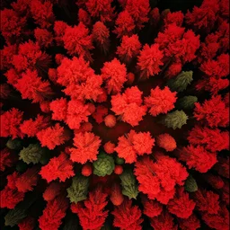 forest, top down view, bright red colors, shot on kodak aerochrome film,
