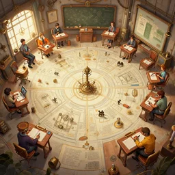 Steampunk classroom overview mapa design, Moebius, Greg Rutkowski, Zabrocki, Karlkka, Jayison Devadas, Phuoc Quan, trending on Artstation, 8K, ultra wide angle, pincushion lens effect