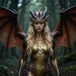 very pretty blond dragon girl with scales for skin and huge dragon wings in a dark forest, perfect symmetrical face, shallow depth of field, moody lighting, single point of light, 8 k, ultra realistic, in the style of,