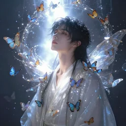 man surrounded by butterflies, celestial light, divine, by the artist Donglu Yu