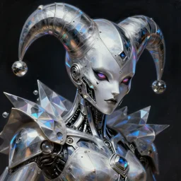 closeup of court jester, ominous intricate platinum cyborg bionic futurism fantasy art angular cyberpunk art concept, holographic metallic fluid polygonal shards, ultrafine detailed painting by cedric seaut android jones artgerm greg rutkowski gustave dore, cgsociety, trending on zbrush central darksynth sharp focus 8 5 mm f 1. 8 ray tracing