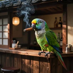 ”parrot smoking a cigar in small japanese bar”