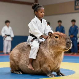 Young black belt judo woman riding a giant capybara