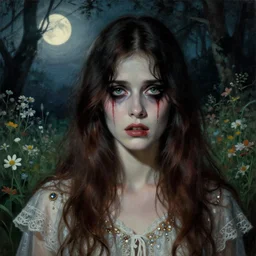 a beautiful but sinister and creepy woman in layers of fear, with haunted eyes, violence in her eyes, 1 9 7 0 s, seventies, delicate embellishments, a little blood, woodland, moonlight shining on wildflowers, painterly, offset printing technique, by alexandre cabanel