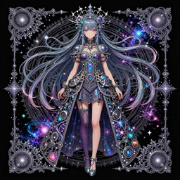 anime girl with clothes with cosmic, magic long hair, beautiful and correct and high detail of the face, super - resolution, hsl, 2 - bit, vr, uniform, nano, senary, rtx, insanely detailed and intricate, hypermaximalist, elegant, ornate, hyper realistic, super detailed, full body, full body shot, full image, full art