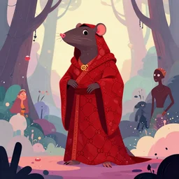 shamanistic druid half rat, made of red gucci fabric, otherworldly forest, pixiv fanbox, dramatic lighting, maximalist pastel color palette, splatter paint, pixar and disney concept, graphic novel by fiona staples dustin nguyen, peter elson alan bean wangechi mutu, clean cel shaded vector art, trending on artstation