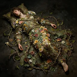 concept art, sleeping man bound and covered in a cape made of flowers, leaves, thorns and vines. detailed, high quality, dynamic lighting, dark fantasy. artwork by artgerm, wlop, alex ross, greg rutknowski, alphonse mucha