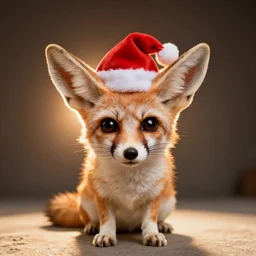 a close up, studio colour photograph of a fennec fox wearing a santa hat, dramatic backlighting at golden hour, wide angle 15mm lens, silly cartoon
