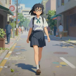 an oil painting of hyper realistic 3 d anime girl wearing glasses, walking on the street from the future, by makoto shinkai