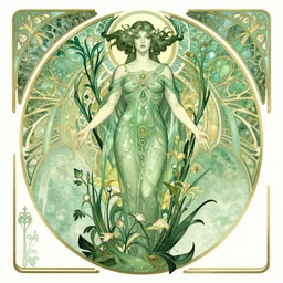 a green goddess cosmic entity, ikebana, art deco, symmetric, highly detailed, elegant, concept art, intricate, sharp focus, illustration, alexandros pyromallis, bouguereau, rutkowski, artgerm, alphonse mucha