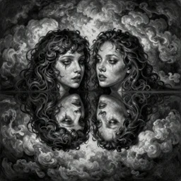 By Tom Bagshaw, ultra realist soft painting of curiosity carnival by night, Love and hate, symmetry accurate features, very intricate details, ominous sky, black and white, volumetric light clouds