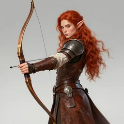 Full picture of Redhead elf archer, high fantasy, ornamental bow, full leather armor, trending on artstation, artstationhd, safebooru, HD