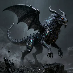 pearlescent black lilith! the mother of all demons, covered in iridescent glitter!!, raining ash, digital art masterpiece, highly detailed dino valls wayne barlowe machiej kuciara, dramatic lighting, long shot, side angle, uhd 8 k, sharp focus