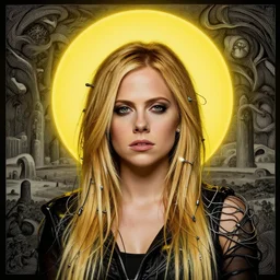 Woman masterpiece, Avril Lavigne, yellow, golden halo behind her head, wires everywhere, by Edgar Maxence and Ross Tran, Zdzisław Beksiński, and Michael Whelan, distant, gustav dore, H.R. Giger, 8k, octane render