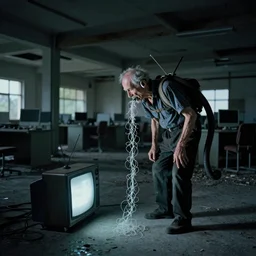 In an decaying abandoned call centre office at night , A skinny old Man with a old television strapped to his back ,flexible industrial pipes join his ears and mouth to the television, fibres trial on the floor ,Kodak portra 400 volumetric lighting