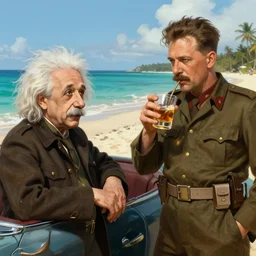 Albert Einstein discussing a war strategy with Stalin on a caribbean beach while drinking rum, digital painting, concept art, detailed