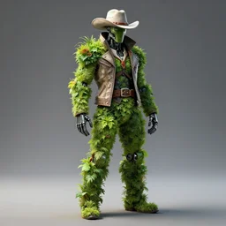 half cyborg half plant, full shot, full body, body cover with a jacket, wearing a cowboy hat, wester hat, a character design, a character game design, a character, octane rendered, 8 k, uhd, hd, highly rendered, unreal engine 5, blender, cinematic lighting, studio photos, assasin creed, blade runner, cyberpunk, lord of the rings, nature