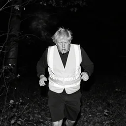 black and white trail camera footage of boris johnson wearing a reflective vest, running through a forest at night, smoking a cigarette, dark, 8 k photography, zoomed in, central focus