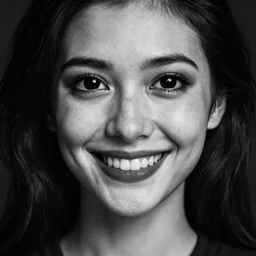 beautiful portrait of a woman with black orbs for eyes, grinning, mysterious, realistic, detailed, horror, monochrome