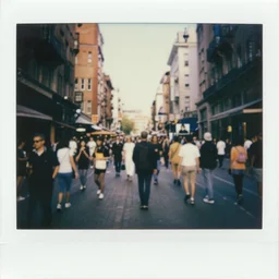 wide - shot low angle of people in the busy street, polaroid photo, by andy warhol