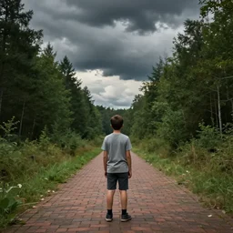 a boy is standing on a brick road, forest on either side, dark clouds ahead, blender, unreal, 4 k, trending on artstation