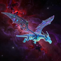 a bioluminescent dragon flying in outer space, red and purple nebula, Dan Seagrave art
