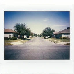 Polaroid photograph of a liminal middle class American suburb, empty street, broad daylight