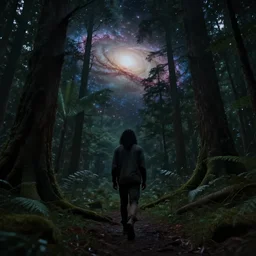 a black man with long curly hair, with his back turned, walking into a deep dark florest, Andromeda Galaxy far on the background, very realistic digital art, wide panoramic shot, 8k, 4k, realistic, detailed, artstationHD, artstationHQ