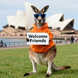 A portrait photo of a kangaroo wearing an orange hoodie and blue sunglasses standing on the grass in front of the Sydney Opera House HOLDING A SIGN on the chest that says Welcome Friends, subject: kangaroo, subject detail: wearing orange hoodie, wearing blue sunglasses, subject action: holding sign