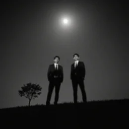 low - angle, fuzzy, black and white liminal, photograph of two men in suits on a small hill, single tree visible, moon - lit, dark, night, night time.