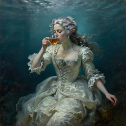 a 1 8 th century, silver haired, ( ( ( mad ) ) ) elf princess look like ( ( young kate winslet ) ), dressed in a ragged, wedding dress, is ( ( drinking a cup of tea ) ). everything is underwater!, floating. greenish blue, theatrical, underwater lights, oil canvas by jakub rozalski, jan matejko, and j. dickenson
