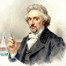 a watercolor portrait of louis pasteur in color with lab tools, by nick runge
